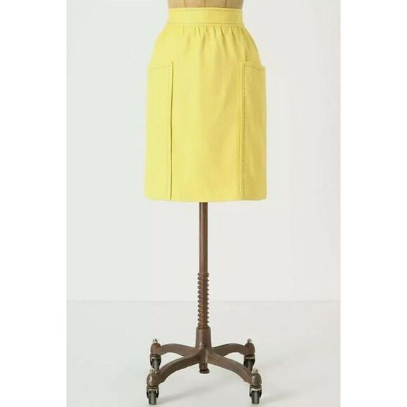 Anthro Cartonnier Well Pocket Contrast Stitch Textured Pencil Skirt in Yellow 6 - Picture 3 of 10